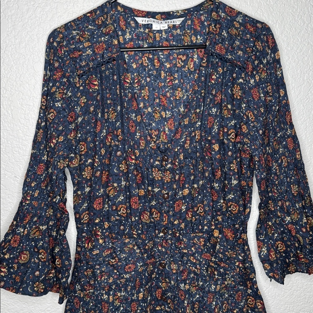 Veronica Beard Shireen Dress Ink Multi Vine Floral Long Sleeve Cotton Midi - Picture 5 of 16